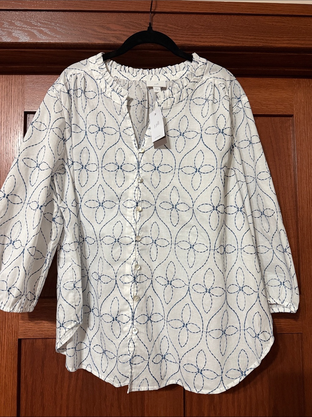 J. Jill White Button-Front Shirt with Blue Geometric Print